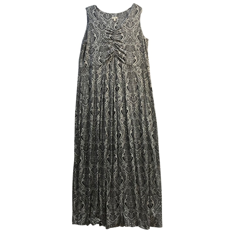 Talbots Woman 1X Black White Paisley Sleeveless Empire Waist Maxi Dress Sundress